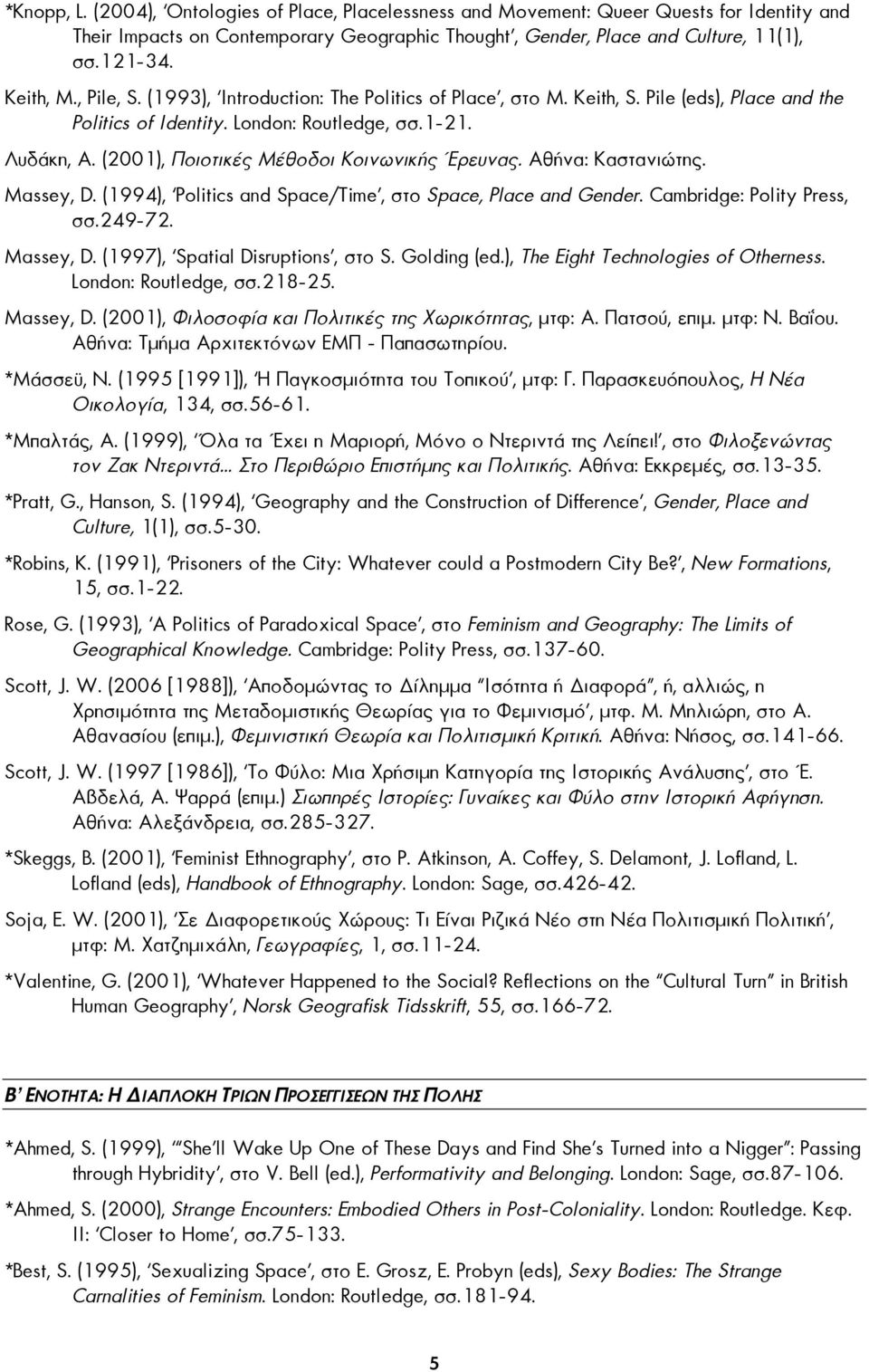 (2001), Ποιοτικές Μέθοδοι Κοινωνικής Έρευνας. Αθήνα: Καστανιώτης. Massey, D. (1994), Politics and Space/Time, στο Space, Place and Gender. Cambridge: Polity Press, σσ.249-72. Massey, D. (1997), Spatial Disruptions, στο S.