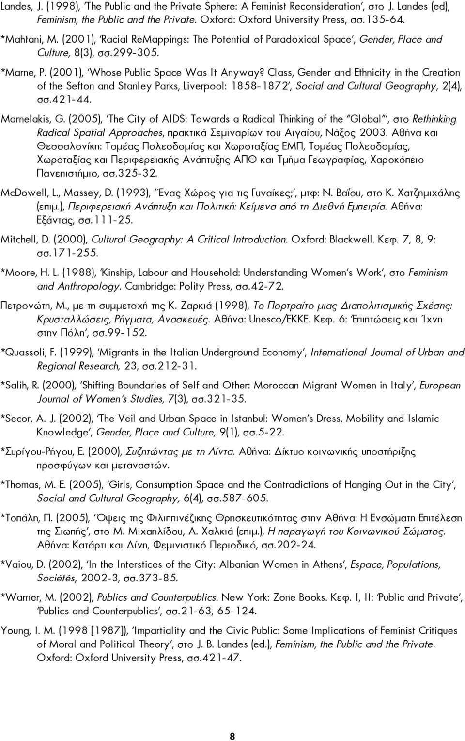 Class, Gender and Ethnicity in the Creation of the Sefton and Stanley Parks, Liverpool: 1858-1872, Social and Cultural Geography, 2(4), σσ.421-44. Marnelakis, G.