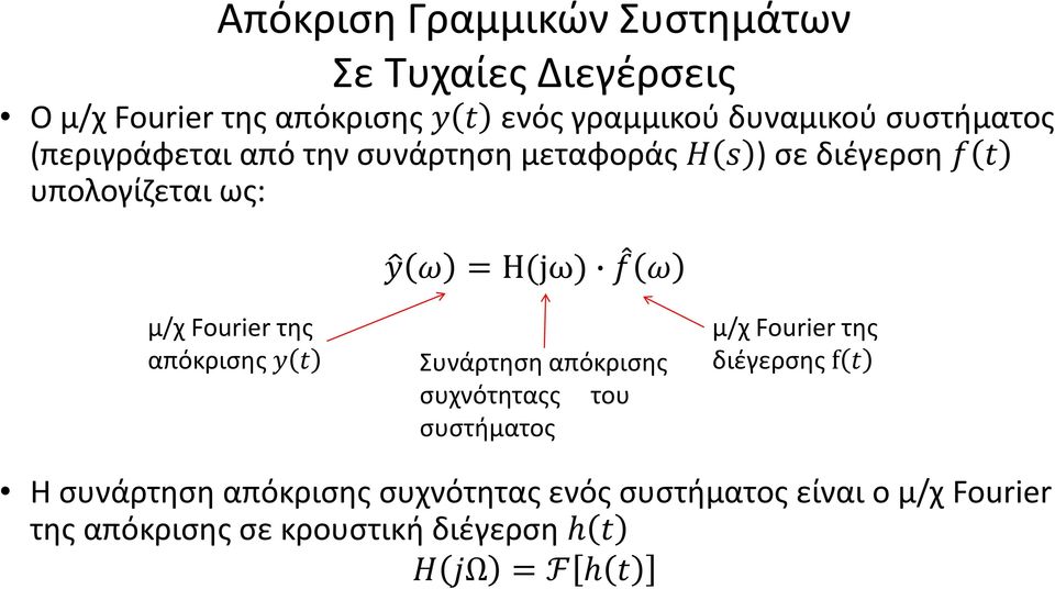 Fourier της απόκρισης y t Συνάρτηση απόκρισης συχνότηταςς του συστήματος μ/χ Fourier της διέγερσης f t H