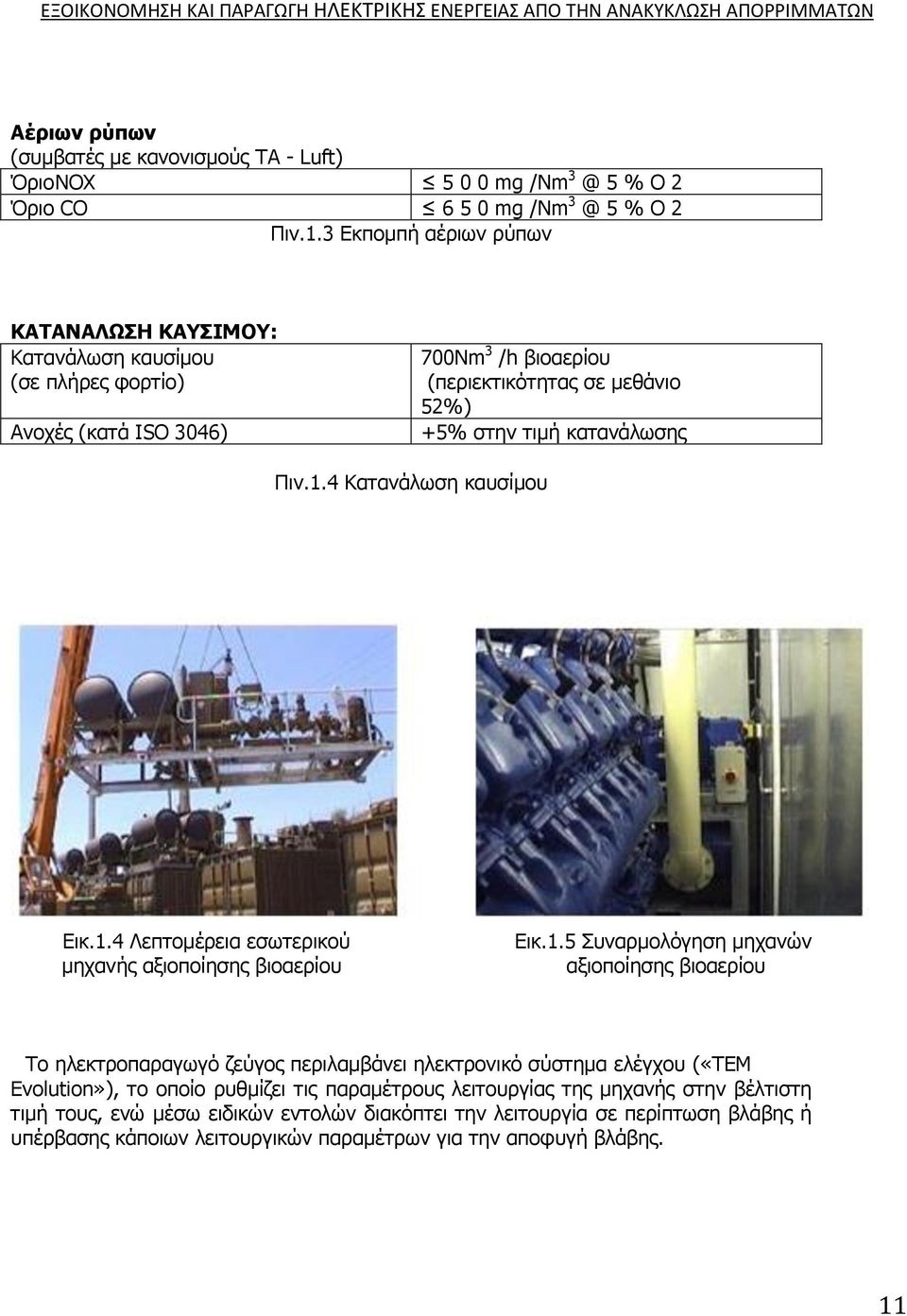 1.4 Κατανάλωση καυσίμου Εικ.1.4 Λεπτομέρεια εσωτερικού μηχανής αξιοποίησης βιοαερίου Εικ.1.5 Συναρμολόγηση μηχανών αξιοποίησης βιοαερίου Το ηλεκτροπαραγωγό ζεύγος περιλαμβάνει ηλεκτρονικό