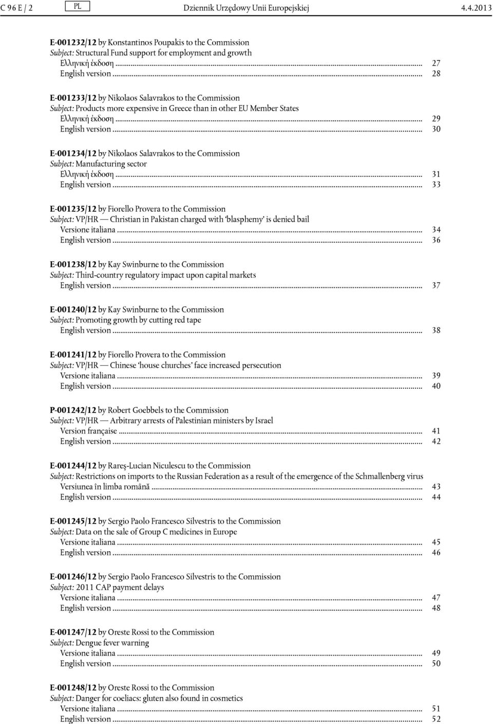 .. 30 E-001234/12 by Nikolaos Salavrakos to the Commission Subject: Manufacturing sector Ελληνική έκδοση... 31 English version.