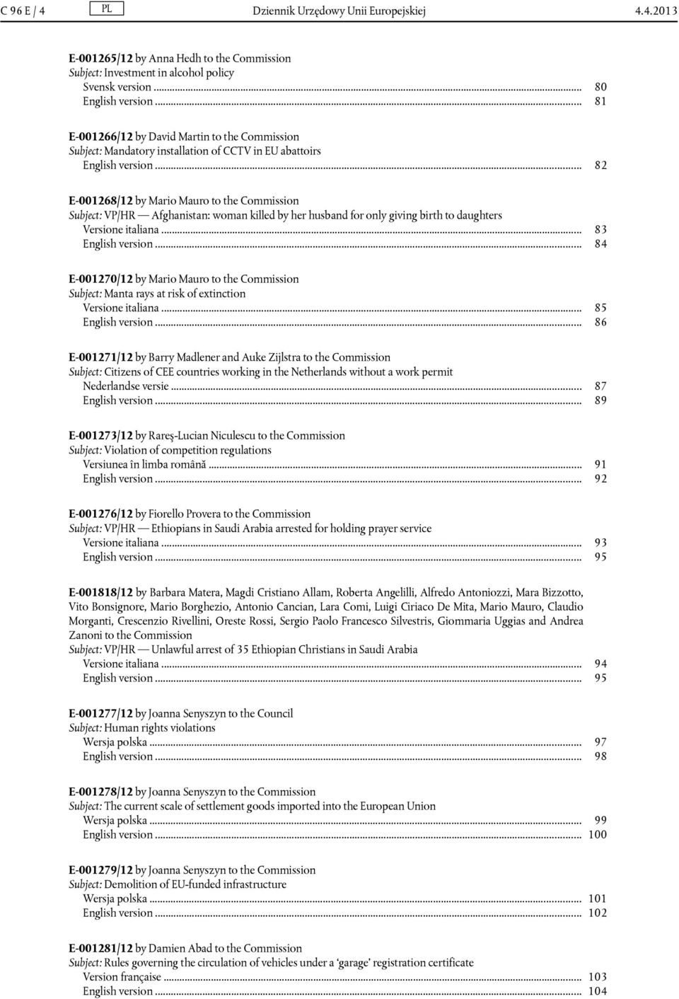 .. 82 E-001268/12 by Mario Mauro to the Commission Subject: VP/HR Afghanistan: woman killed by her husband for only giving birth to daughters Versione italiana... 83 English version.