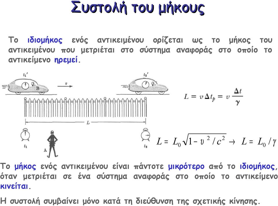 L = L0 1 υ 2 / c 2 L = L0 / γ Το μήκος ενός αντικειμένου είναι πάντοτε μικρότερο από το ιδιομήκος,