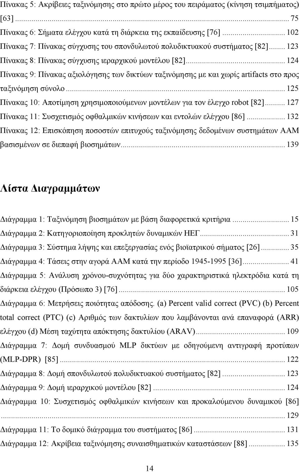 .. 124 Πίνακας 9: Πίνακας αξιολόγησης των δικτύων ταξινόμησης με και χωρίς artifacts στο προς ταξινόμηση σύνολο... 125 Πίνακας 10: Αποτίμηση χρησιμοποιούμενων μοντέλων για τον έλεγχο robot [82].