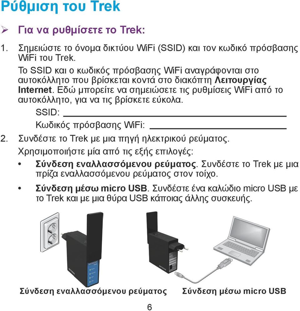 Εδώ μπορείτε να σημειώσετε τις ρυθμίσεις WiFi από το αυτοκόλλητο, για να τις βρίσκετε εύκολα. SSID: Κωδικός πρόσβασης WiFi: 2. Συνδέστε το Trek με μια πηγή ηλεκτρικού ρεύματος.