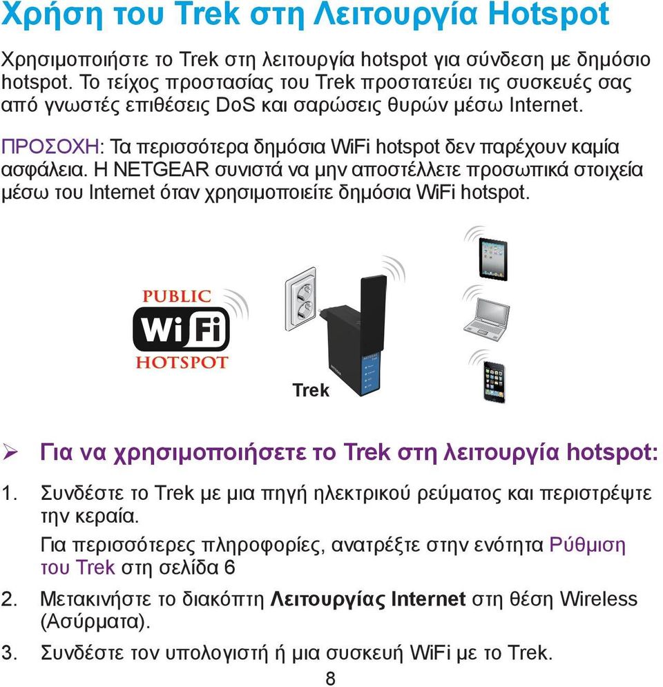 Η NETGEAR συνιστά να μην αποστέλλετε προσωπικά στοιχεία μέσω του Internet όταν χρησιμοποιείτε δημόσια WiFi hotspot. Trek ¾ Για να χρησιμοποιήσετε το Trek στη λειτουργία hotspot: 1.