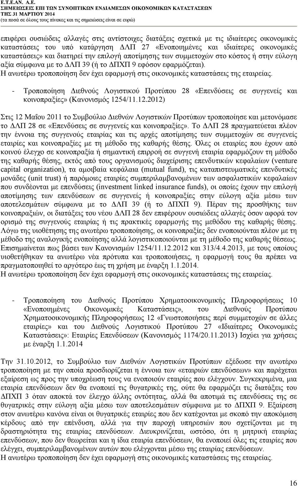 Η ανωτέρω τροποποίηση δεν έχει εφαρμογή στις οικονομικές καταστάσεις της εταιρείας. - Τροποποίηση Διεθνούς Λογιστικού Προτύπου 28 «Επενδύσεις σε συγγενείς και κοινοπραξίες» (Κανονισμός 125