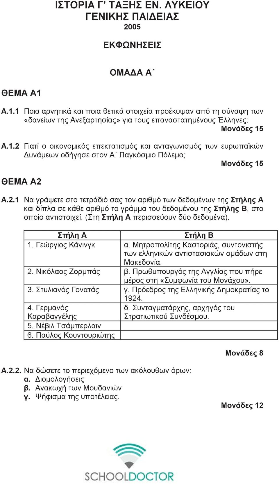 2.1 Να γράψετε στο τετράδιό σας τον αριθμό των δεδομένων της Στήλης Α και δίπλα σε κάθε αριθμό το γράμμα του δεδομένου της Στήλης Β, στο οποίο αντιστοιχεί. (Στη Στήλη Α περισσεύουν δύο δεδομένα).