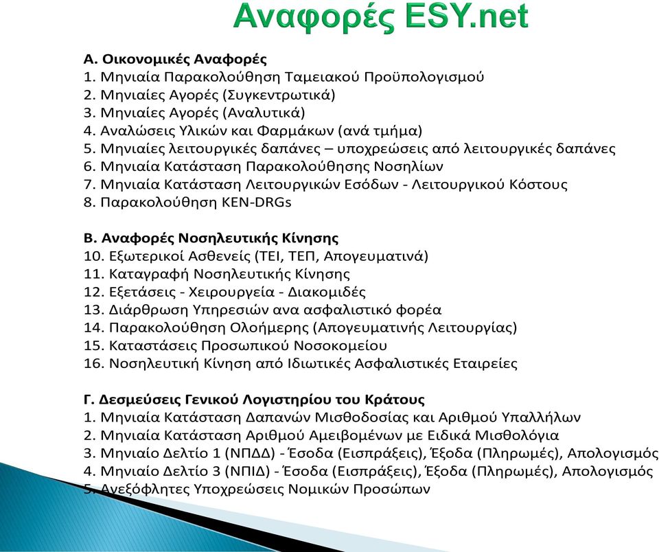 Παρακολοφθηςη KEN-DRGs Β. Αναφορές Νοσηλευτικής Κίνησης 10. Εξωτερικοί Αςθενείσ (ΤΕΙ, ΤΕΠ, Απογευματινά) 11. Καταγραφή Νοςηλευτικήσ Κίνηςησ 12. Εξετάςεισ - Χειρουργεία - Διακομιδζσ 13.