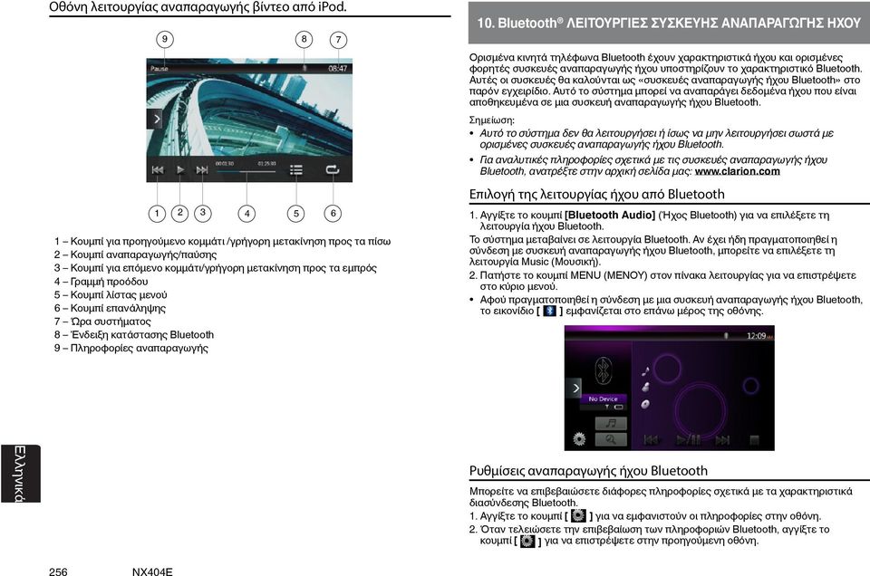 λίστας μενού 6 Κουμπί επανάληψης 7 Ώρα συστήματος 8 Ένδειξη κατάστασης Bluetooth 9 Πληροφορίες αναπαραγωγής 8 7 10.