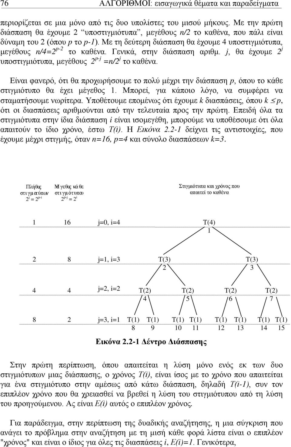 Γενικά, στην διάσπαση αριθμ. j, θα έχουμε j υποστιγμιότυπα, μεγέθους p-j =/ j το καθένα. Είναι φανερό, ότι θα προχωρήσουμε το πολύ μέχρι την διάσπαση p, όπου το κάθε στιγμιότυπο θα έχει μέγεθος.