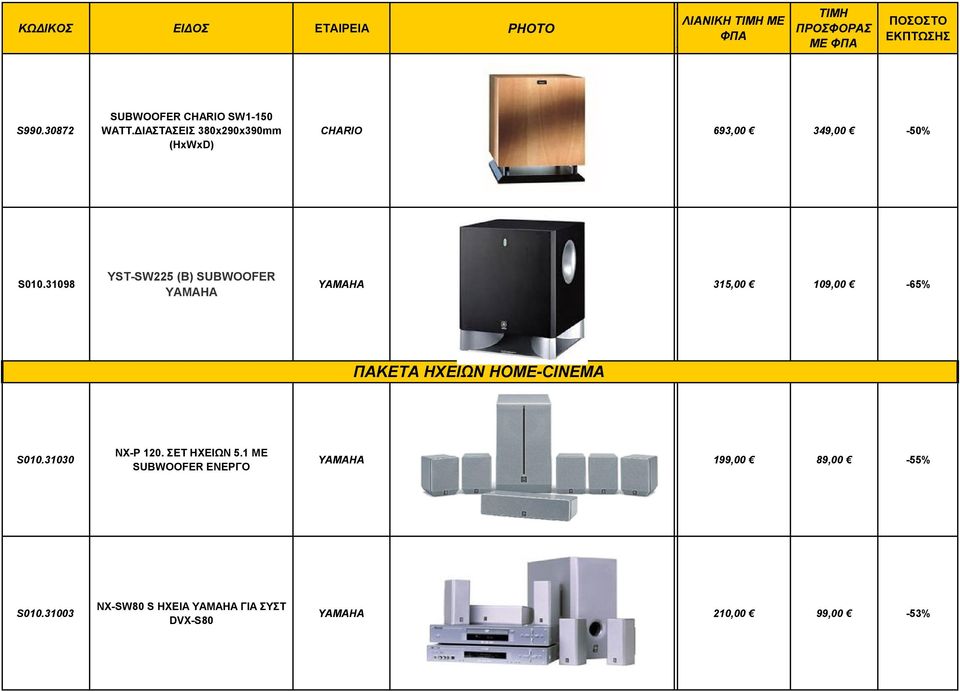 31098 YST-SW225 (B) SUBWOOFER YAMAHA YAMAHA 315,00 109,00-65% ΠΑΚEΑ ΗΕΙΩΝ HOME-CINEMA