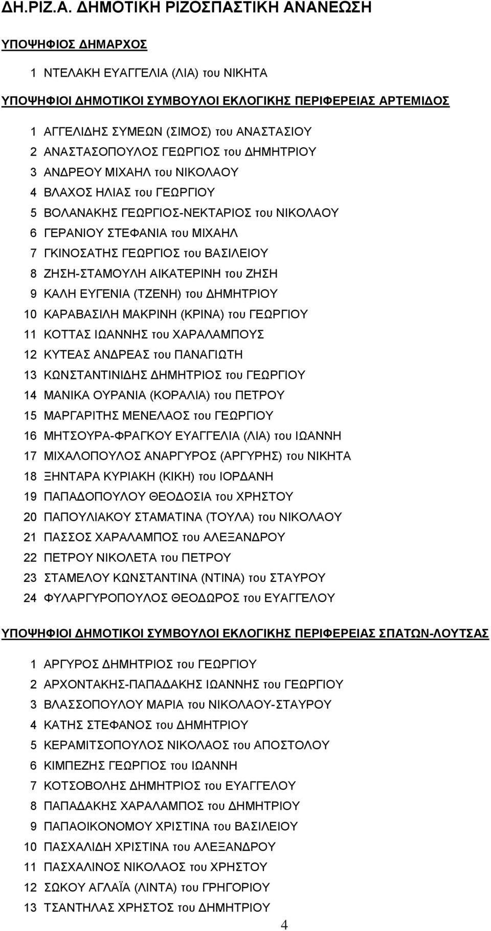 ΓΕΩΡΓΙΟΣ του ΔΗΜΗΤΡΙΟΥ 3 ΑΝΔΡΕΟΥ ΜΙΧΑΗΛ του ΝΙΚΟΛΑΟΥ 4 ΒΛΑΧΟΣ ΗΛΙΑΣ του ΓΕΩΡΓΙΟΥ 5 ΒΟΛΑΝΑΚΗΣ ΓΕΩΡΓΙΟΣ-ΝΕΚΤΑΡΙΟΣ του ΝΙΚΟΛΑΟΥ 6 ΓΕΡΑΝΙΟΥ ΣΤΕΦΑΝΙΑ του ΜΙΧΑΗΛ 7 ΓΚΙΝΟΣΑΤΗΣ ΓΕΩΡΓΙΟΣ του ΒΑΣΙΛΕΙΟΥ 8
