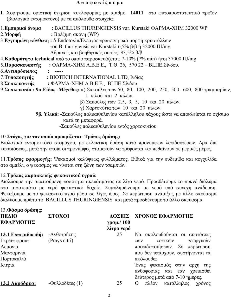 kurstaki 6,5% β/β ή 32000 IU/mg Αδρανείς και βοηθητικές ουσίες: 93,5% β/β 4.Καθαρότητα technical από το οποίο παρασκευάζεται: 7-10% (7% min) ήτοι 37000 IU/mg 5.Παρασκευαστής : ΦΑΡΜΑ-ΧΗΜ Α.Β.Ε.Ε., Τ.Θ.