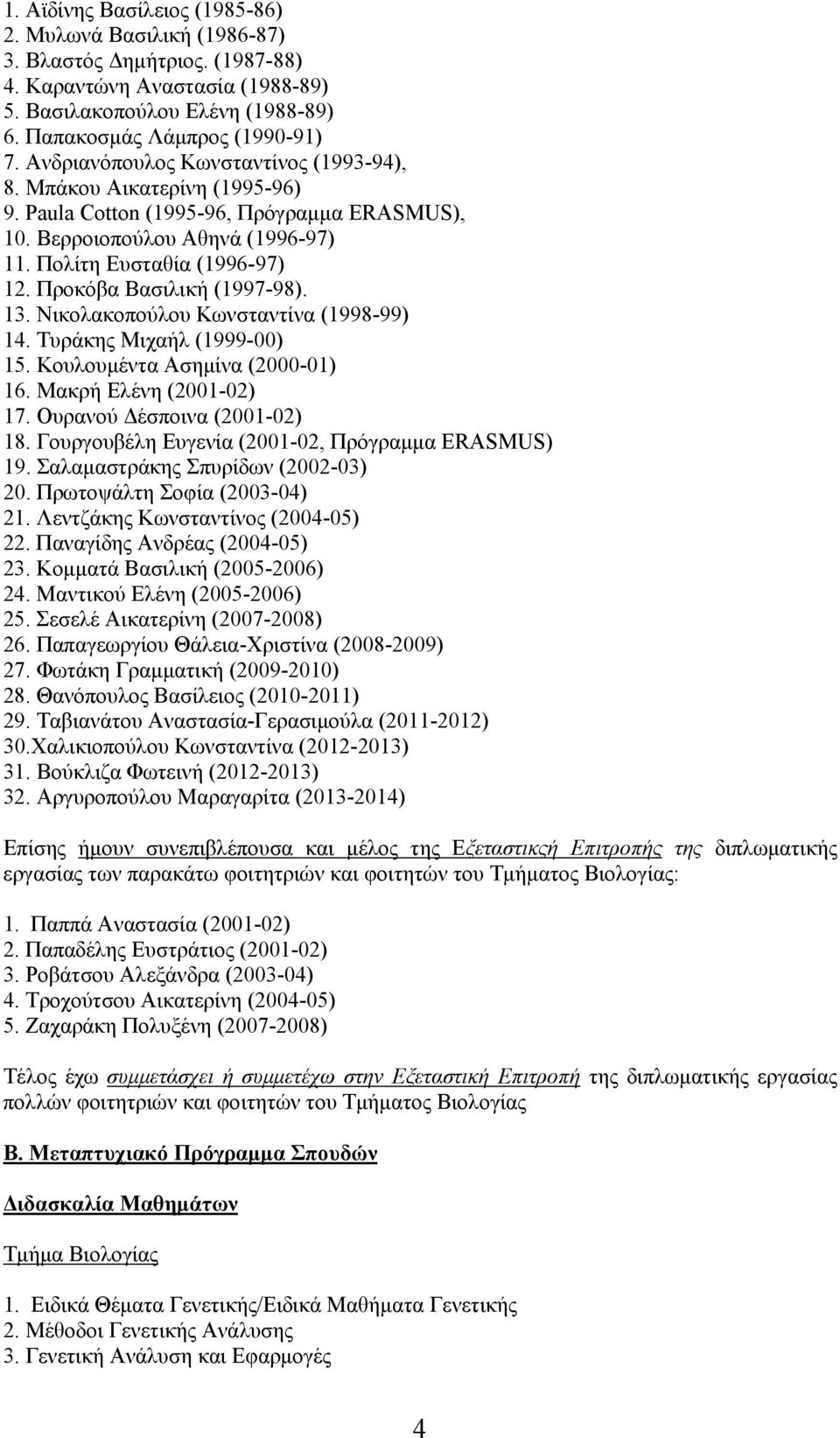 Προκόβα Βασιλική (1997-98). 13. Νικολακοπούλου Κωνσταντίνα (1998-99) 14. Τυράκης Μιχαήλ (1999-00) 15. Κουλουμέντα Ασημίνα (2000-01) 16. Μακρή Ελένη (2001-02) 17. Ουρανού Δέσποινα (2001-02) 18.