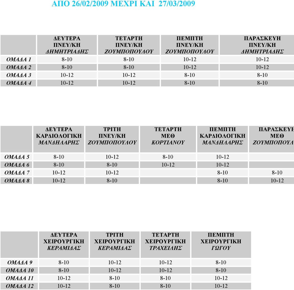 ΠΑΡΑΣΚΕΥ ΜΕΘ ΖΟΥΜΠΟΠΟΥΛΟ ΟΜΑΔΑ 5 8-10 10-12 8-10 10-12 ΟΜΑΔΑ 6 8-10 8-10 10-12 10-12 ΟΜΑΔΑ 7 10-12 10-12 8-10 8-10 ΟΜΑΔΑ 8 10-12 8-10 8-10 10-12 ΔΕΥΤΕΡΑ ΧΕΙΡΟΥΡΓΙΚ ΚΕΡΑΜΙΔΑΣ ΤΡΙΤ