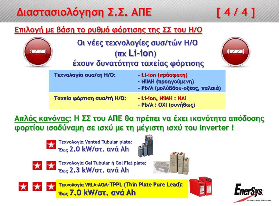 Η/Ο: -- Li-ion (πρόσφατη) -- NiMH (προηγούμενη) -- Pb/A (μολύβδου-οξέος, παλαιά) Ταχεία φόρτιση συσ/τή Η/Ο: -- Li-ion, NiMH :: ΝΑΙ -- Pb/A :: ΟΧΙ (συνήθως) Aπλός