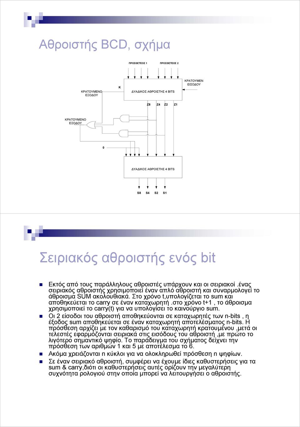 Στο χρόνο t,υπολογίζεται το sum και αποθηκεύεται το carry σε έναν καταχωρητή.στο χρόνο t+, το άθροισµα χρησιµοποιεί το carry(t) για να υπολογίσει το καινούργιο sum.