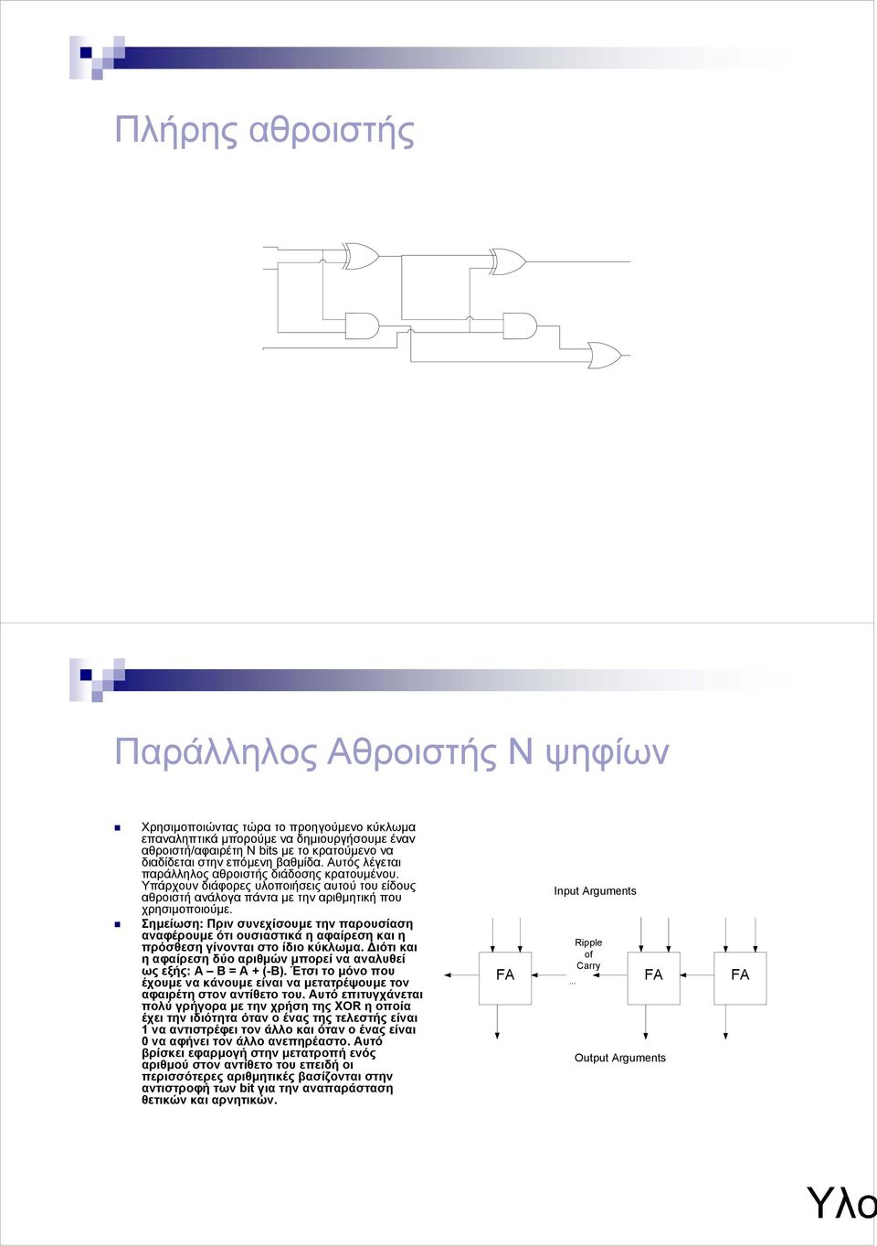 Σηµείωση: Πριν συνεχίσουµε την παρουσίαση αναφέρουµε ότι ουσιαστικά η αφαίρεση και η πρόσθεση γίνονται στο ίδιο κύκλωµα. ιότι και η αφαίρεση δύο αριθµών µπορεί να αναλυθεί ως εξής: Α Β = Α + (-Β).