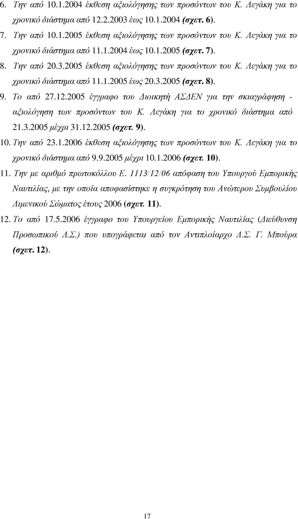 9. Το από 27.12.2005 έγγραφο του Διοικητή ΑΣΔΕΝ για την σκιαγράφηση - αξιολόγηση των προσόντων του Κ. Λεγάκη για το χρονικό διάστημα από 21.3.2005 μέχρι 31.12.2005 (σχετ. 9). 10. Την από 23.1.2006 έκθεση αξιολόγησης των προσόντων του Κ.