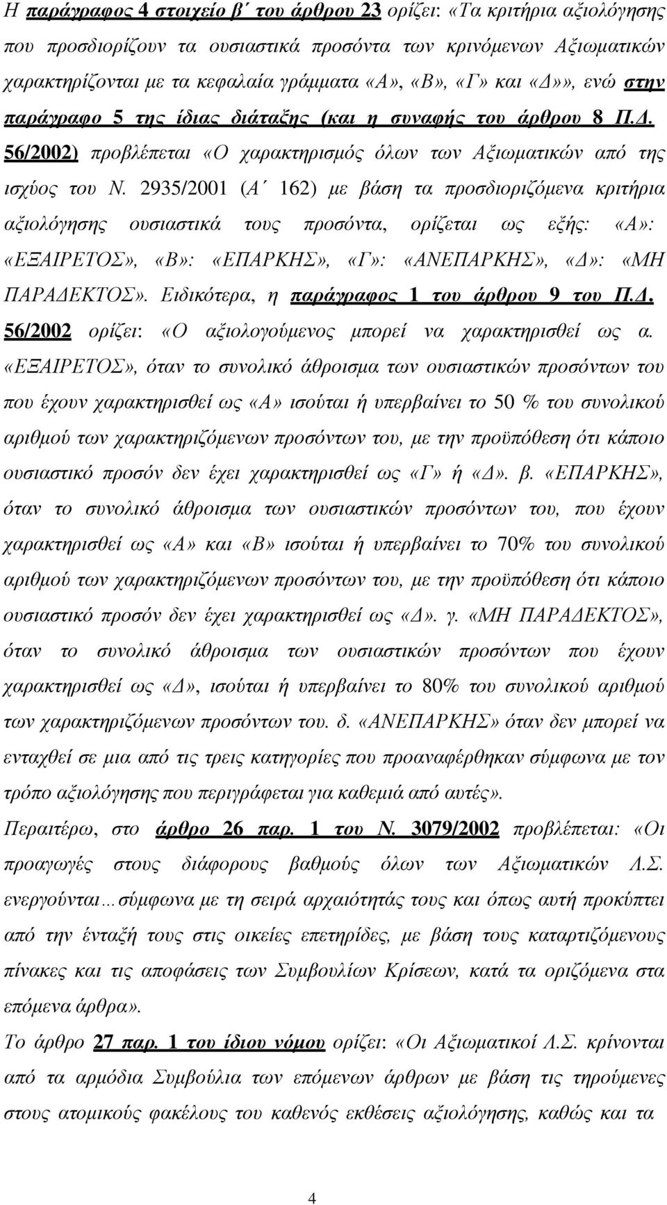 2935/2001 (Α 162) με βάση τα προσδιοριζόμενα κριτήρια αξιολόγησης ουσιαστικά τους προσόντα, ορίζεται ως εξής: «Α»: «ΕΞΑΙΡΕΤΟΣ», «Β»: «ΕΠΑΡΚΗΣ», «Γ»: «ΑΝΕΠΑΡΚΗΣ», «Δ»: «ΜΗ ΠΑΡΑΔΕΚΤΟΣ».