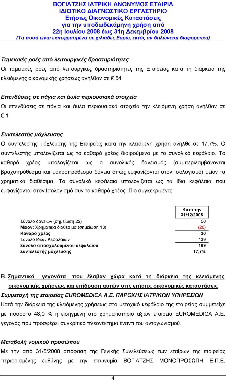 Συντελεστής μόχλευσης Ο συντελεστής μόχλευσης της Εταιρείας κατά την κλειόμενη χρήση ανήλθε σε 17,7%. Ο συντελεστής υπολογίζεται ως το καθαρό χρέος διαιρούμενο με το συνολικό κεφάλαιο.