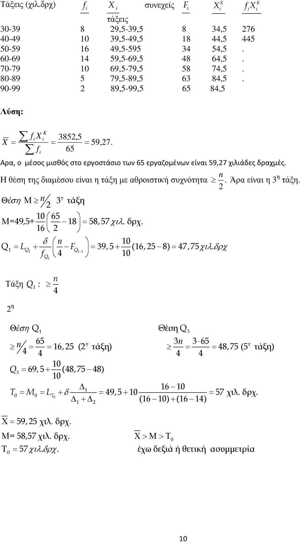 αθροιστική συχνότητα Άρα είναι η η τάξη Μ n η Θέση τάξη 65 Μ95 5 57 χιλ δρχ 6 δ n Q LQ F 95 65 775 Q χιλ δρχ Q Τάξη : n Q η Θέση Q T Θέση Q n