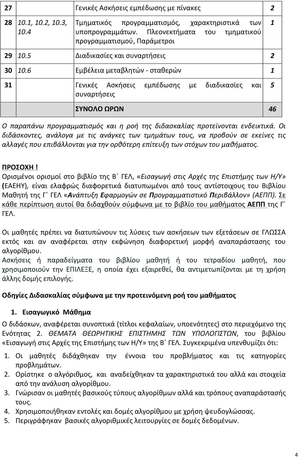 6 Εμβέλεια μεταβλητών - σταθερών 1 31 Γενικές Ασκήσεις εμπέδωσης με διαδικασίες και συναρτήσεις 5 ΣΥΝΟΛΟ ΩΡΩΝ 46 Ο παραπάνω προγραμματισμός και η ροή της διδασκαλίας προτείνονται ενδεικτικά.