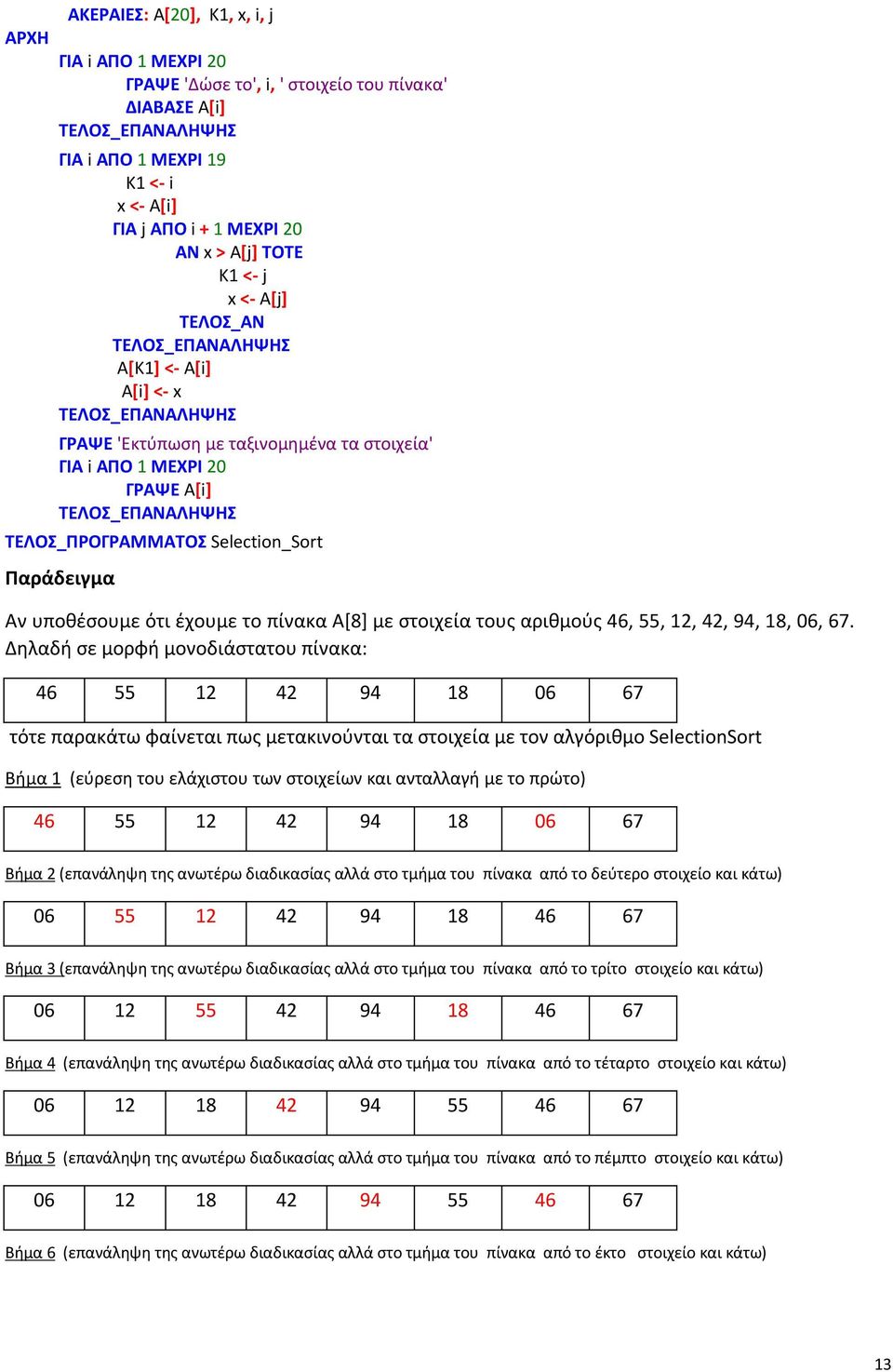 Α[8] με στοιχεία τους αριθμούς 46, 55, 12, 42, 94, 18, 06, 67.