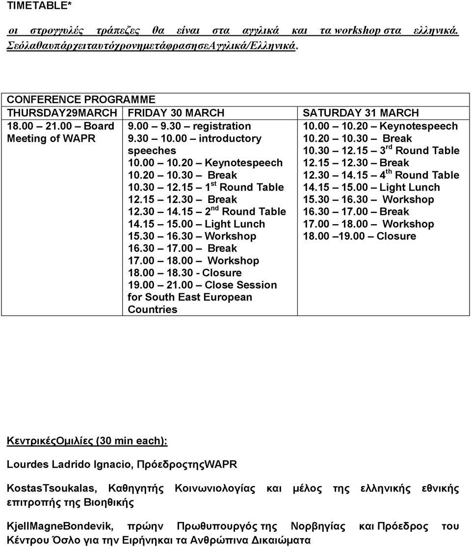 15 2 nd Round Table 14.15 15.00 Light Lunch 15.30 16.30 Workshop 16.30 17.00 Break 17.00 18.00 Workshop 18.00 18.30 - Closure 19.00 21.