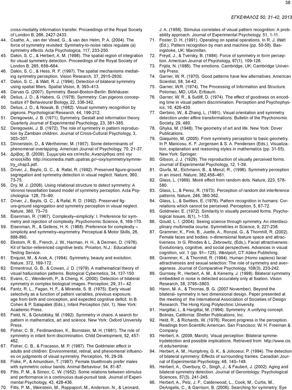 The spatial region of integration for visual symmetry detection. Proceedings of the Royal Society of London B, 265, 659 664. 46. Dakin, S. C., & Hess, R. F. (1997).