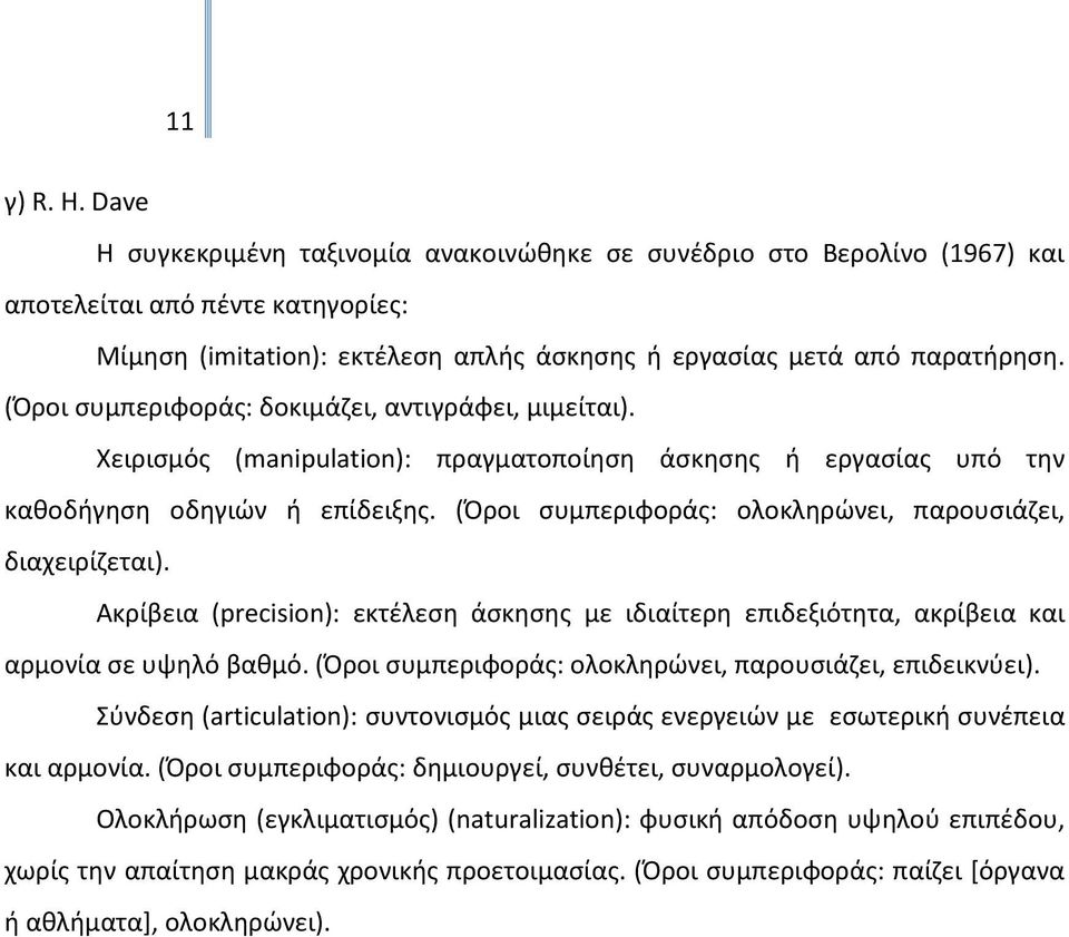 (Όροι συμπεριφοράς: ολοκληρώνει, παρουσιάζει, διαχειρίζεται). Ακρίβεια (precision): εκτέλεση άσκησης με ιδιαίτερη επιδεξιότητα, ακρίβεια και αρμονία σε υψηλό βαθμό.