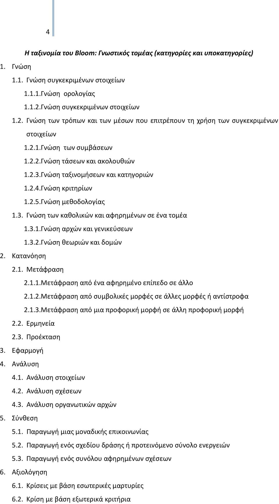 Γνώση ταξινομήσεων και κατηγοριών 1.2.4. Γνώση κριτηρίων 1.2.5. Γνώση μεθοδολογίας 1.3. Γνώση των καθολικών και αφηρημένων σε ένα τομέα 1.3.1. Γνώση αρχών και γενικεύσεων 1.3.2. Γνώση θεωριών και δομών 2.