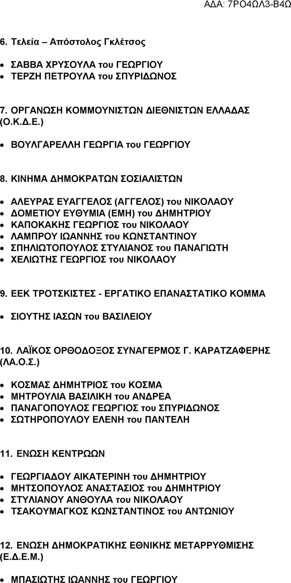 του ΠΑΝΑΓΙΩΤΗ ΧΕΛΙΩΤΗΣ ΓΕΩΡΓΙΟΣ του ΝΙΚΟΛΑΟΥ 9. ΕΕΚ ΤΡΟΤΣΚΙΣΤΕΣ - ΕΡΓΑΤΙΚΟ ΕΠΑΝΑΣΤΑΤΙΚΟ ΚΟΜΜΑ ΣΙΟΥΤΗΣ ΙΑΣΩΝ του ΒΑΣΙΛΕΙΟΥ 10. ΛΑΪΚΟΣ ΟΡΘΟΔΟΞΟΣ ΣΥΝΑΓΕΡΜΟΣ Γ. ΚΑΡΑΤΖΑΦΕΡΗΣ (ΛΑ.Ο.Σ.) ΚΟΣΜΑΣ ΔΗΜΗΤΡΙΟΣ του ΚΟΣΜΑ ΜΗΤΡΟΥΛΙΑ ΒΑΣΙΛΙΚΗ του ΑΝΔΡΕΑ ΠΑΝΑΓΟΠΟΥΛΟΣ ΓΕΩΡΓΙΟΣ του ΣΠΥΡΙΔΩΝΟΣ ΣΩΤΗΡΟΠΟΥΛΟΥ ΕΛΕΝΗ του ΠΑΝΤΕΛΗ 11.