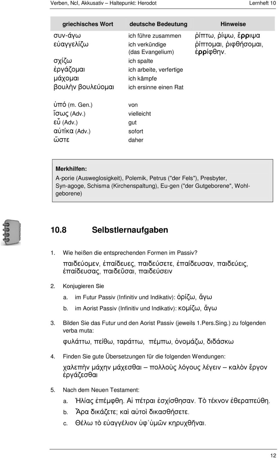 ) ὥστε von vielleicht gut sofort daher Merkhilfen: A-porie (Ausweglosigkeit), Polemik, Petrus ("der Fels"), Presbyter, Syn-agoge, Schisma (Kirchenspaltung), Eu-gen ("der Gutgeborene", Wohlgeborene)