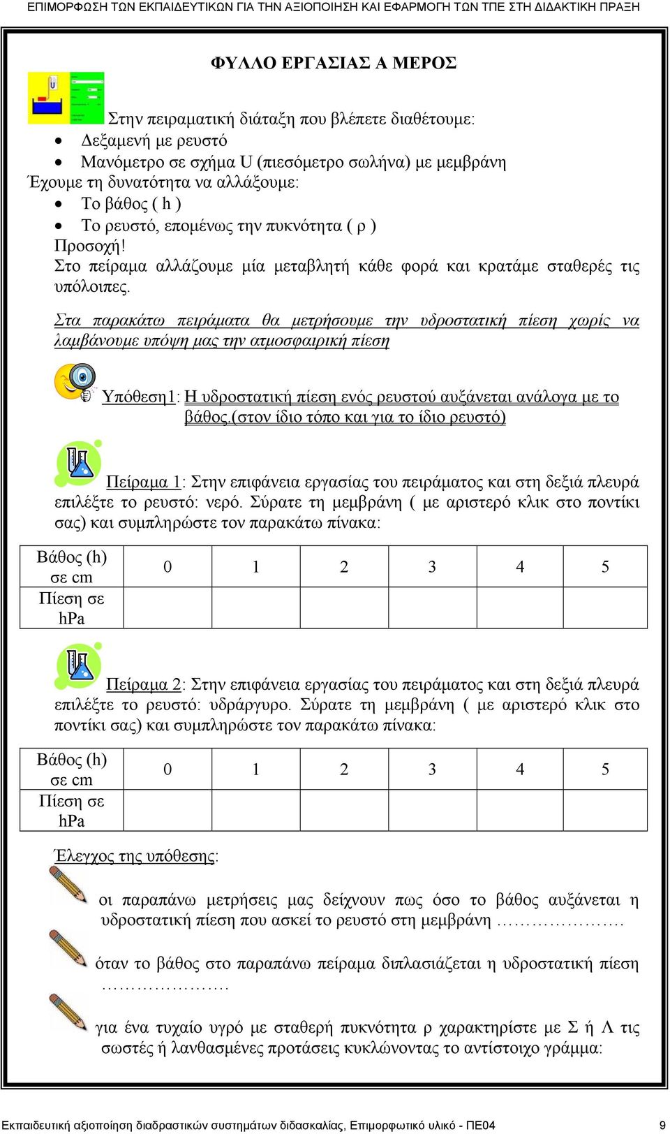 Στα παρακάτω πειράματα θα μετρήσουμε την υδροστατική πίεση χωρίς να λαμβάνουμε υπόψη μας την ατμοσφαιρική πίεση Υπόθεση1: Η υδροστατική πίεση ενός ρευστού αυξάνεται ανάλογα με το βάθος.