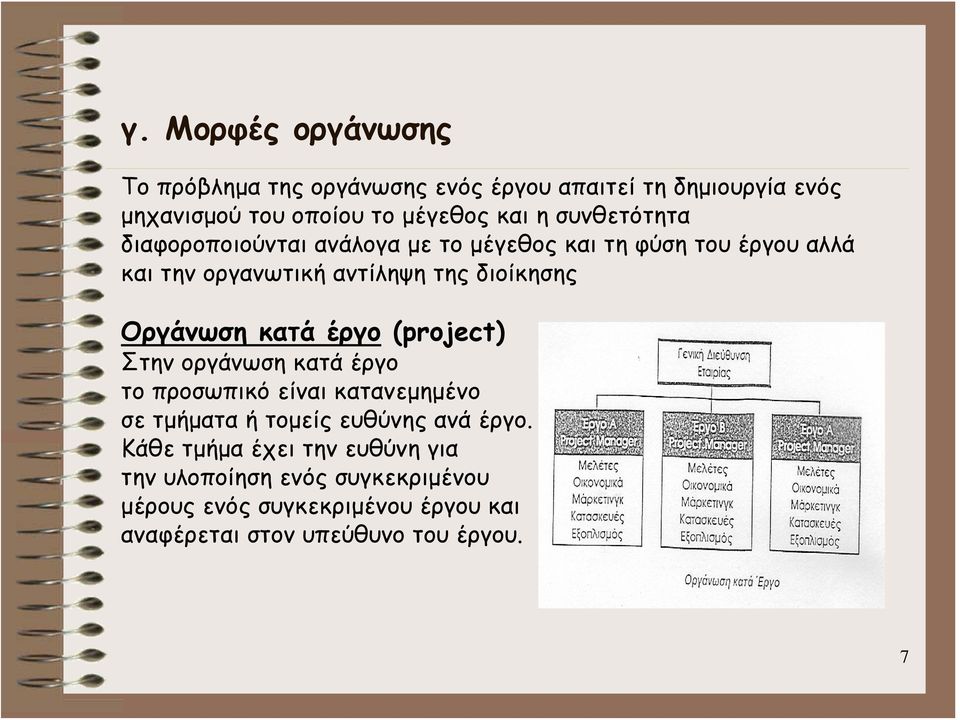 Οργάνωση κατά έργο (project) Στην οργάνωση κατά έργο το προσωπικό είναι κατανεμημένο σε τμήματα ή τομείς ευθύνης ανά έργο.