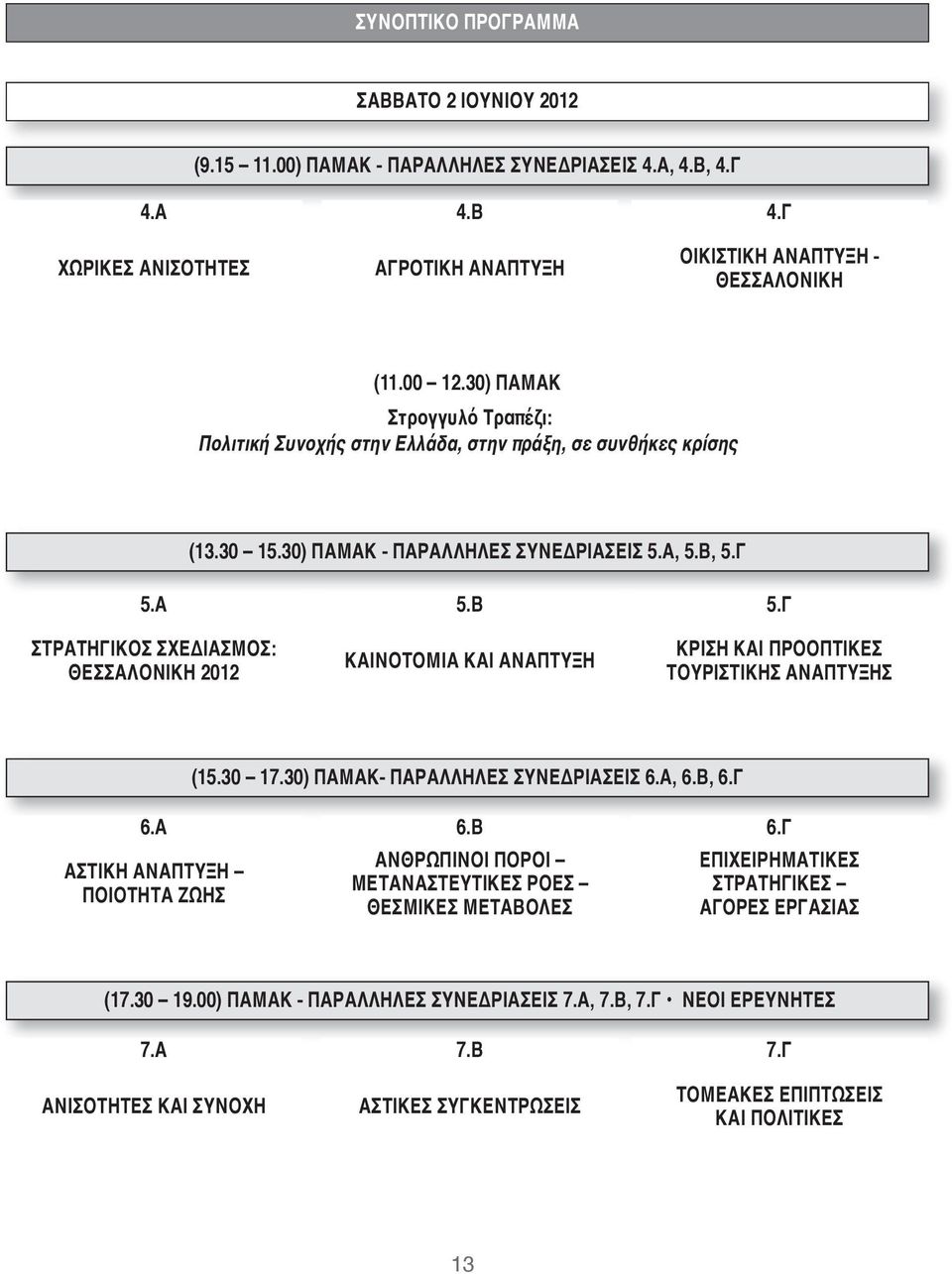 Γ ΣΤΡΑΤΗΓΙΚΟΣ ΣΧΕΔΙΑΣΜΟΣ: ΘΕΣΣΑΛΟΝΙΚΗ 2012 ΚΑΙΝΟΤΟΜΙΑ ΚΑΙ ΑΝΑΠΤΥΞΗ ΚΡΙΣΗ ΚΑΙ ΠΡΟΟΠΤΙΚΕΣ ΤΟΥΡΙΣΤΙΚΗΣ ΑΝΑΠΤΥΞΗΣ (15.30 17.30) ΠΑΜΑΚ- ΠΑΡΑΛΛΗΛΕΣ ΣΥΝΕΔΡΙΑΣΕΙΣ 6.Α, 6.Β, 6.Γ 6.