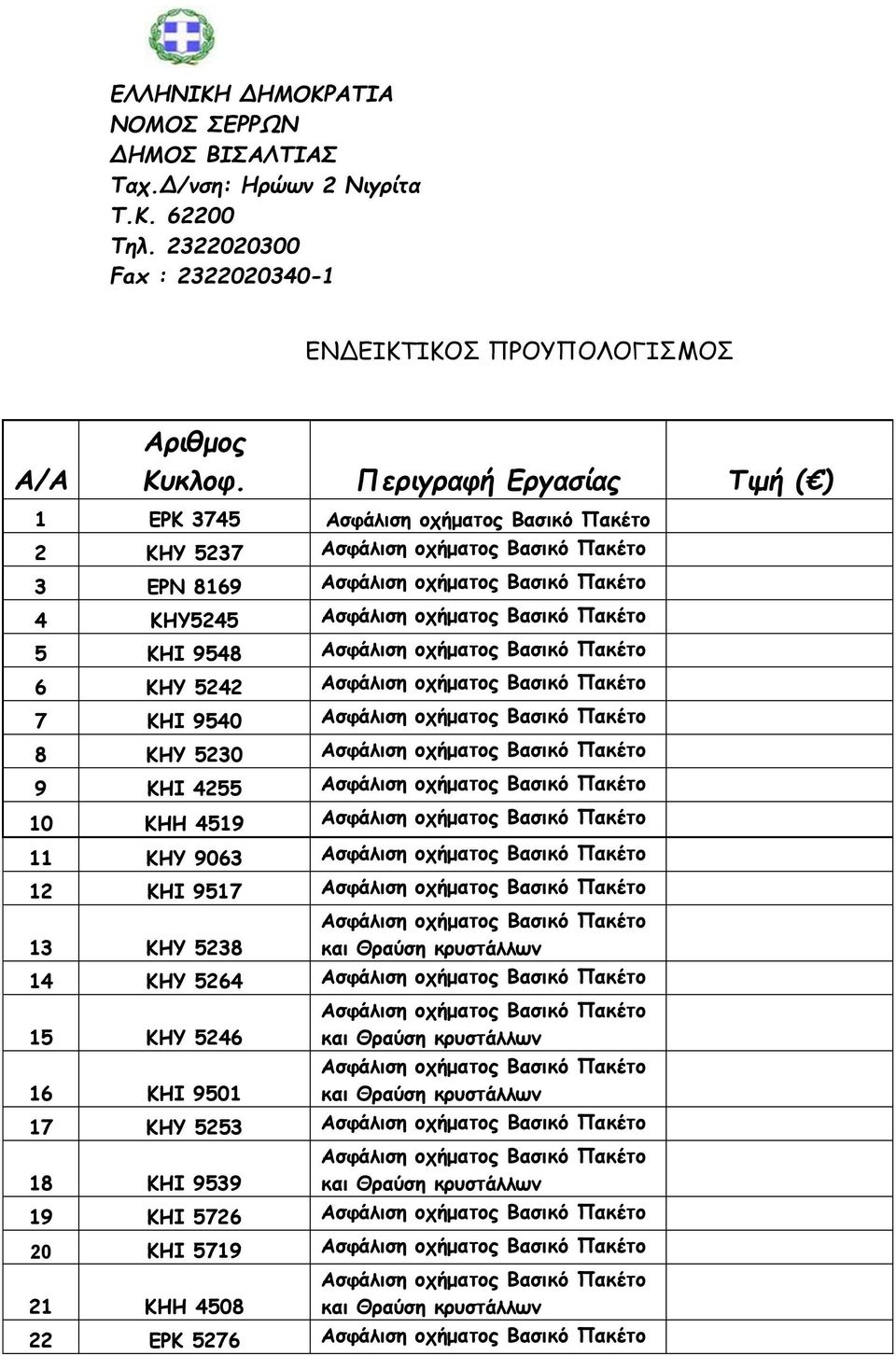 Περιγραφή Εργασίας Τιμή ( ) 1 ΕΡΚ 3745 2 ΚΗΥ 5237 3 ΕΡΝ 8169 4 ΚΗΥ5245 5 ΚΗΙ 9548 6 KHY 5242 7