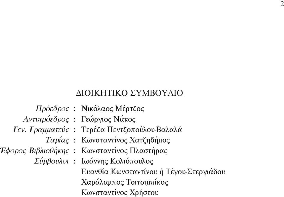 Γραμματεύς : Tερέζα Πεντζοπούλου-Bαλαλά Tαμίας : Κωνσταντίνος Χατζηδήμος Έφορος