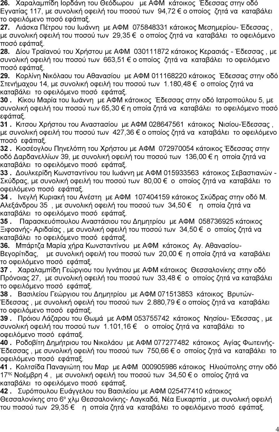 Δίου Τραϊανού του Χρήστου με ΑΦΜ 030111872 κάτοικος Κερασιάς - Έδεσσας, με συνολική οφειλή του ποσού των 663,51 ο οποίος ζητά να καταβάλει το οφειλόμενο 29.