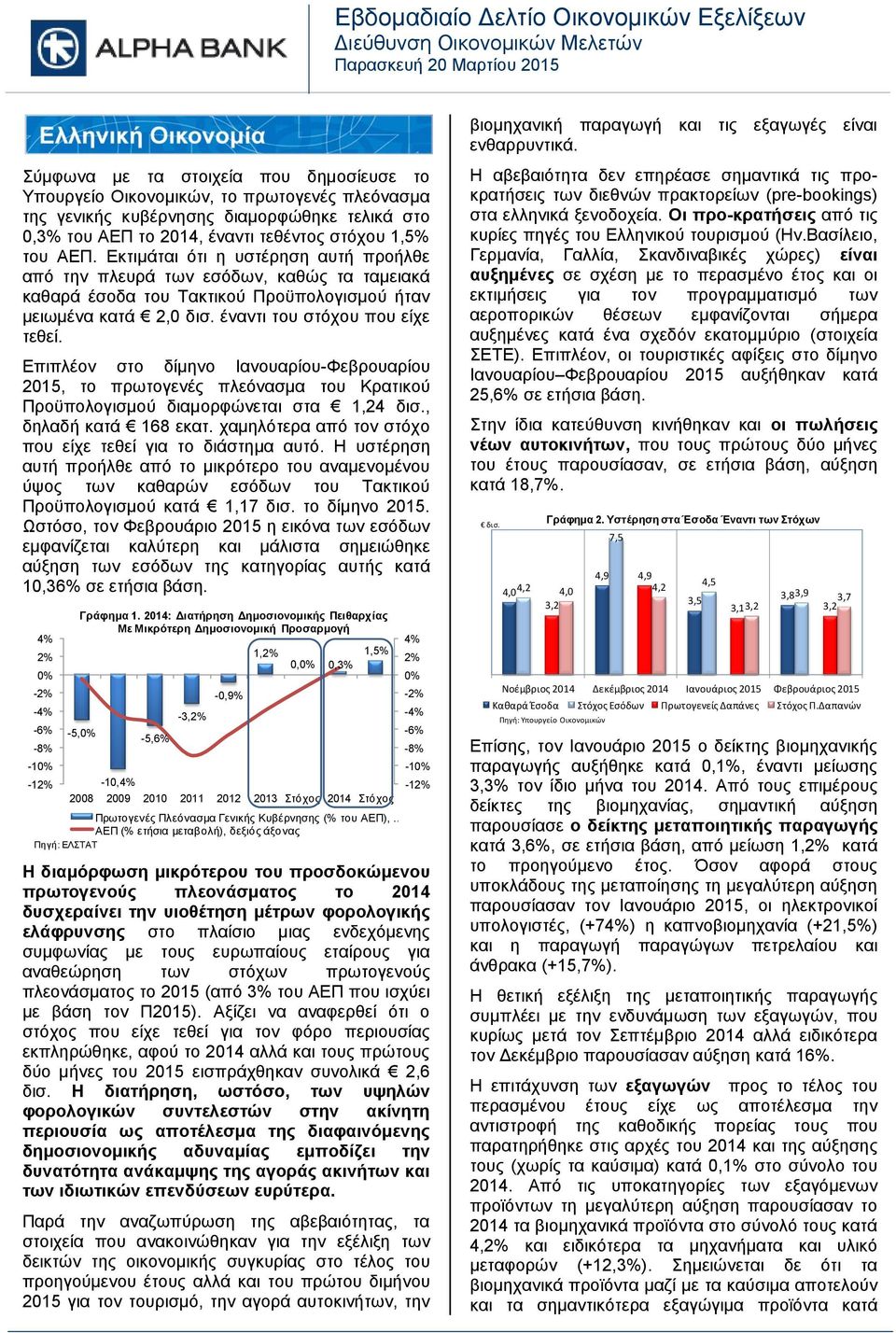 Εκτιμάται ότι η υστέρηση αυτή προήλθε από την πλευρά των εσόδων, καθώς τα ταμειακά καθαρά έσοδα του Τακτικού Προϋπολογισμού ήταν μειωμένα κατά 2, δισ. έναντι του στόχου που είχε τεθεί.