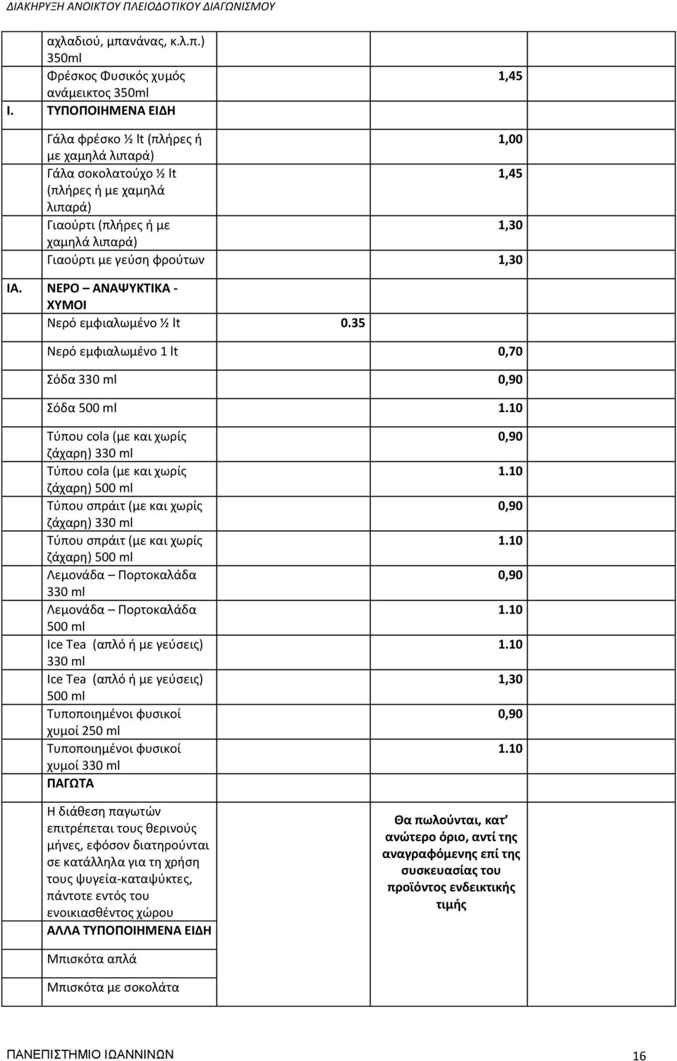 1,30 ΙΑ. ΝΕΡΟ ΑΝΑΨΥΚΤΙΚΑ - ΧΥΜΟΙ Νερό εμφιαλωμένο ½ lt 0.35 Νερό εμφιαλωμένο 1 lt 0,70 Σόδα 330 ml 0,90 Σόδα 500 ml 1.