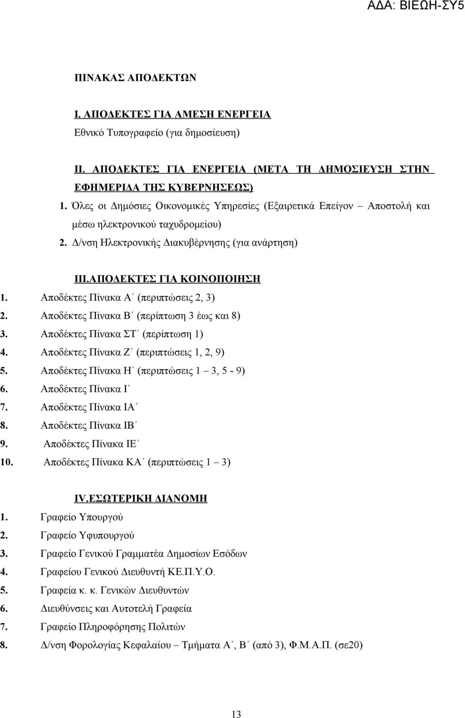 Αποδέκτες Πίνακα Α (περιπτώσεις 2, 3) 2. Αποδέκτες Πίνακα Β (περίπτωση 3 έως και 8) 3. Αποδέκτες Πίνακα ΣΤ (περίπτωση 1) 4. Αποδέκτες Πίνακα Ζ (περιπτώσεις 1, 2, 9) 5.