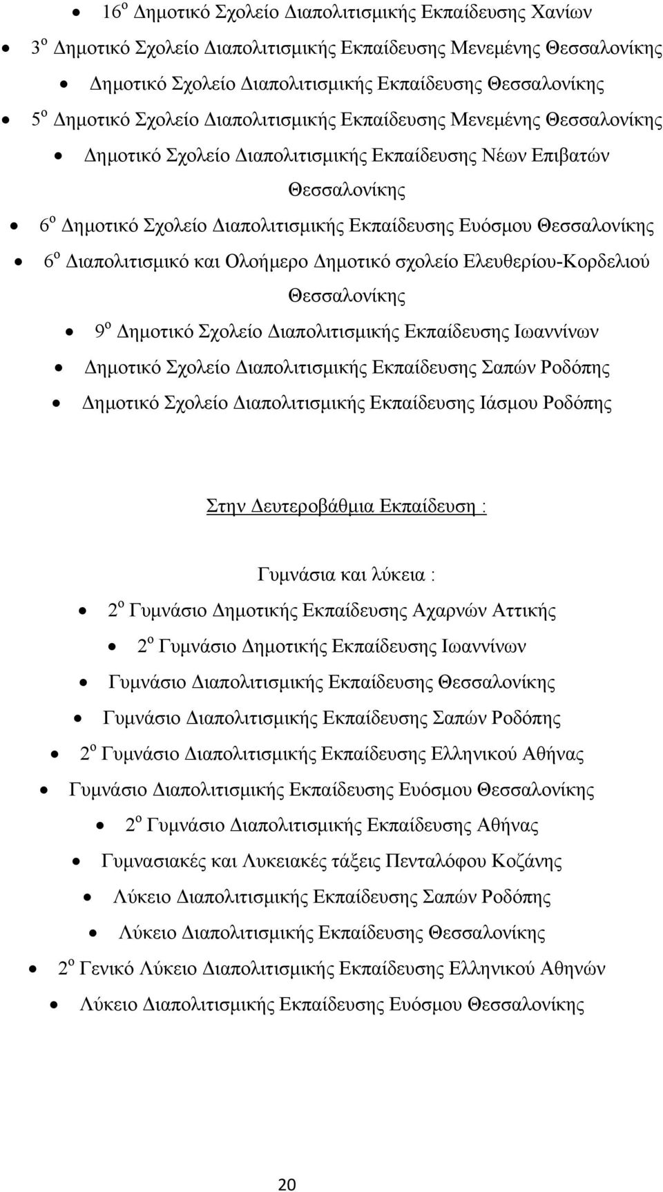 Θεσσαλονίκης 6 ο Διαπολιτισμικό και Ολοήμερο Δημοτικό σχολείο Ελευθερίου-Κορδελιού Θεσσαλονίκης 9 ο Δημοτικό Σχολείο Διαπολιτισμικής Εκπαίδευσης Ιωαννίνων Δημοτικό Σχολείο Διαπολιτισμικής Εκπαίδευσης