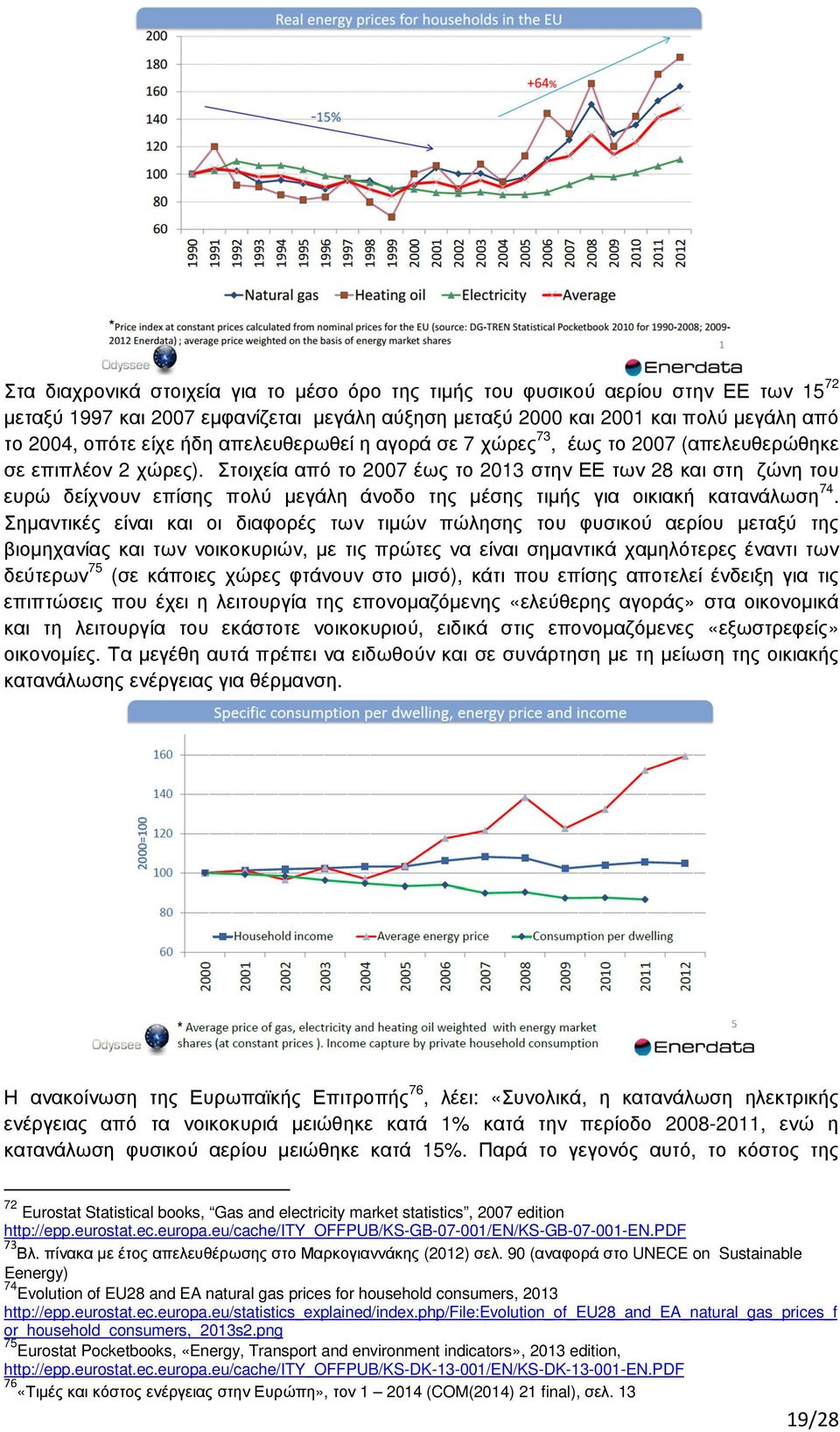 Στοιχεία από το 2007 έως το 2013 στην ΕΕ των 28 και στη ζώνη του ευρώ δείχνουν επίσης πολύ µεγάλη άνοδο της µέσης τιµής για οικιακή κατανάλωση 74.