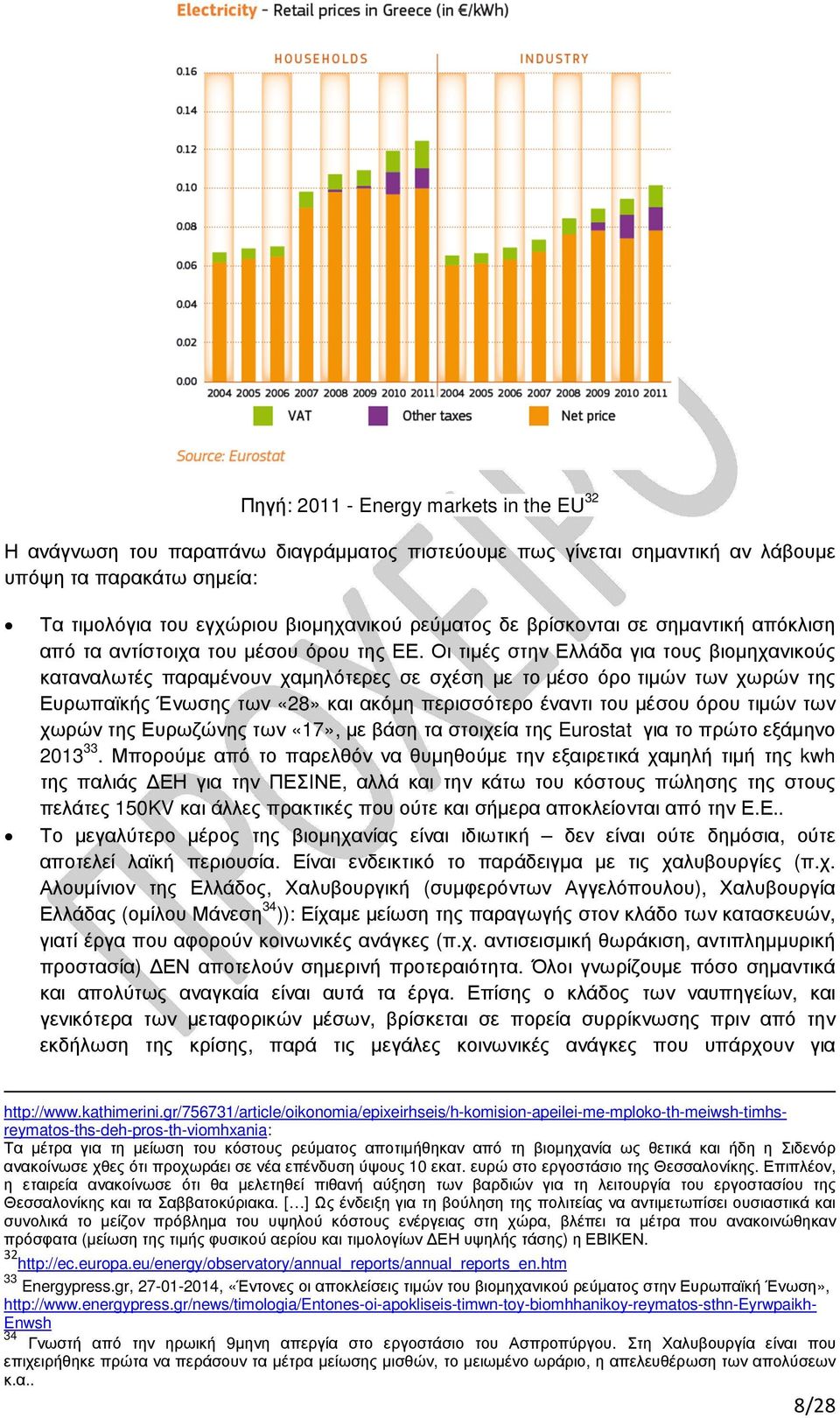 Οι τιµές στην Ελλάδα για τους βιοµηχανικούς καταναλωτές παραµένουν χαµηλότερες σε σχέση µε το µέσο όρο τιµών των χωρών της Ευρωπαϊκής Ένωσης των «28» και ακόµη περισσότερο έναντι του µέσου όρου τιµών