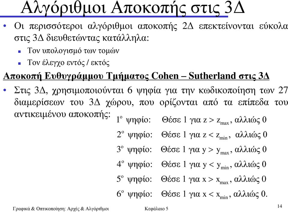 του 3Δ χώρου, που ορίζονται από τα επίπεδα του αντικειμένου αποκοπής: ο 1 ψηφίο: Θέσε 1 για z zmax, αλλιώς 0 ο 2 ψηφίο: Θέσε 1 για z zmin, αλλιώς 0 ο 3