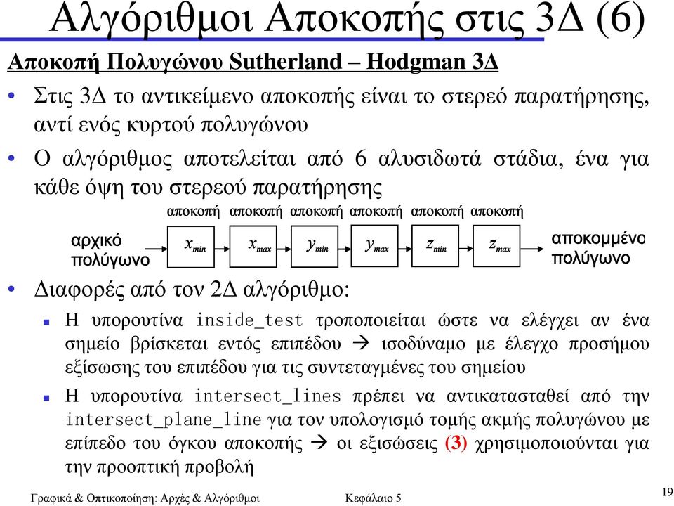 ελέγχει αν ένα σημείο βρίσκεται εντός επιπέδου ισοδύναμο με έλεγχο προσήμου εξίσωσης του επιπέδου για τις συντεταγμένες του σημείου Η υπορουτίνα intersect_lines πρέπει