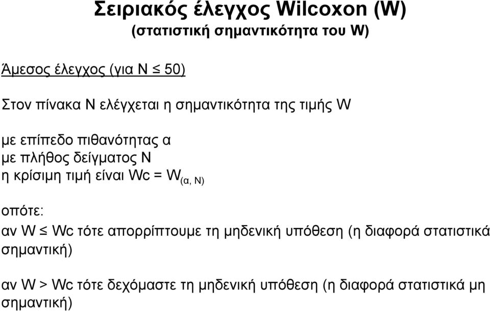 κρίσιμη τιμή είναι Wc = W (α, Ν) οπότε: αν W Wc τότε απορρίπτουμε τη μηδενική υπόθεση (η διαφορά